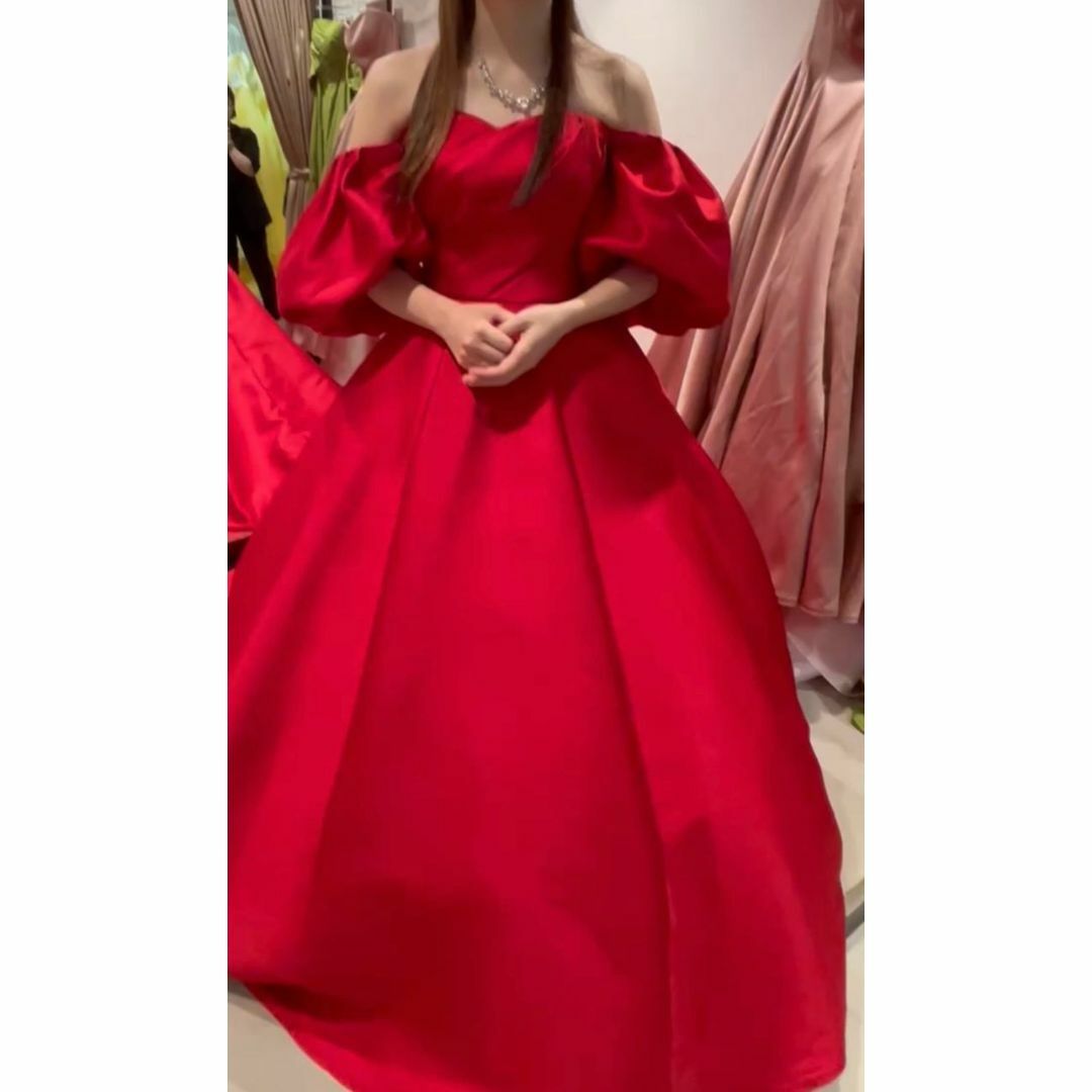 高品質！カラードレス 赤 パフスリーブ ベアトップ 編み上げ 花嫁/披露宴