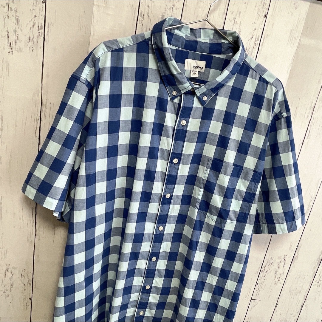 shirts(シャツ)のUSA古着　半袖シャツ　ドレスシャツ　3XL　チェック柄　ブルー　ネイビー　水色 メンズのトップス(シャツ)の商品写真