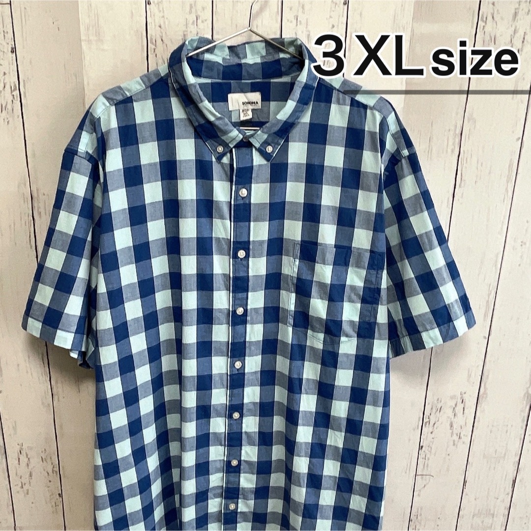 shirts(シャツ)のUSA古着　半袖シャツ　ドレスシャツ　3XL　チェック柄　ブルー　ネイビー　水色 メンズのトップス(シャツ)の商品写真