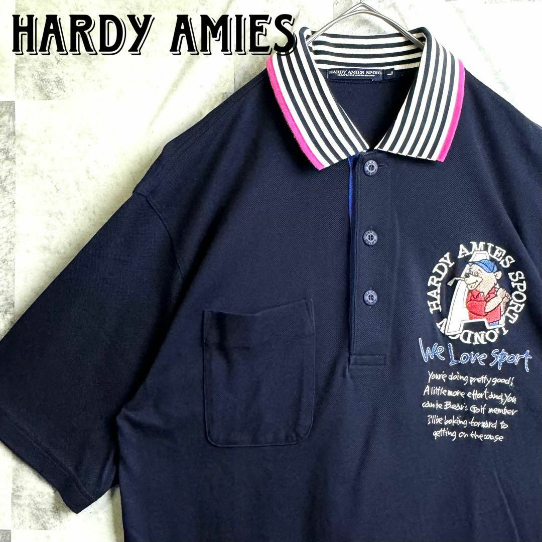 HARDY AMIES(ハーディエイミス)の美品 ハーディエイミス 鹿子ポロシャツ 半袖 刺繍ロゴ ボーダー襟 ネイビー L メンズのトップス(ポロシャツ)の商品写真