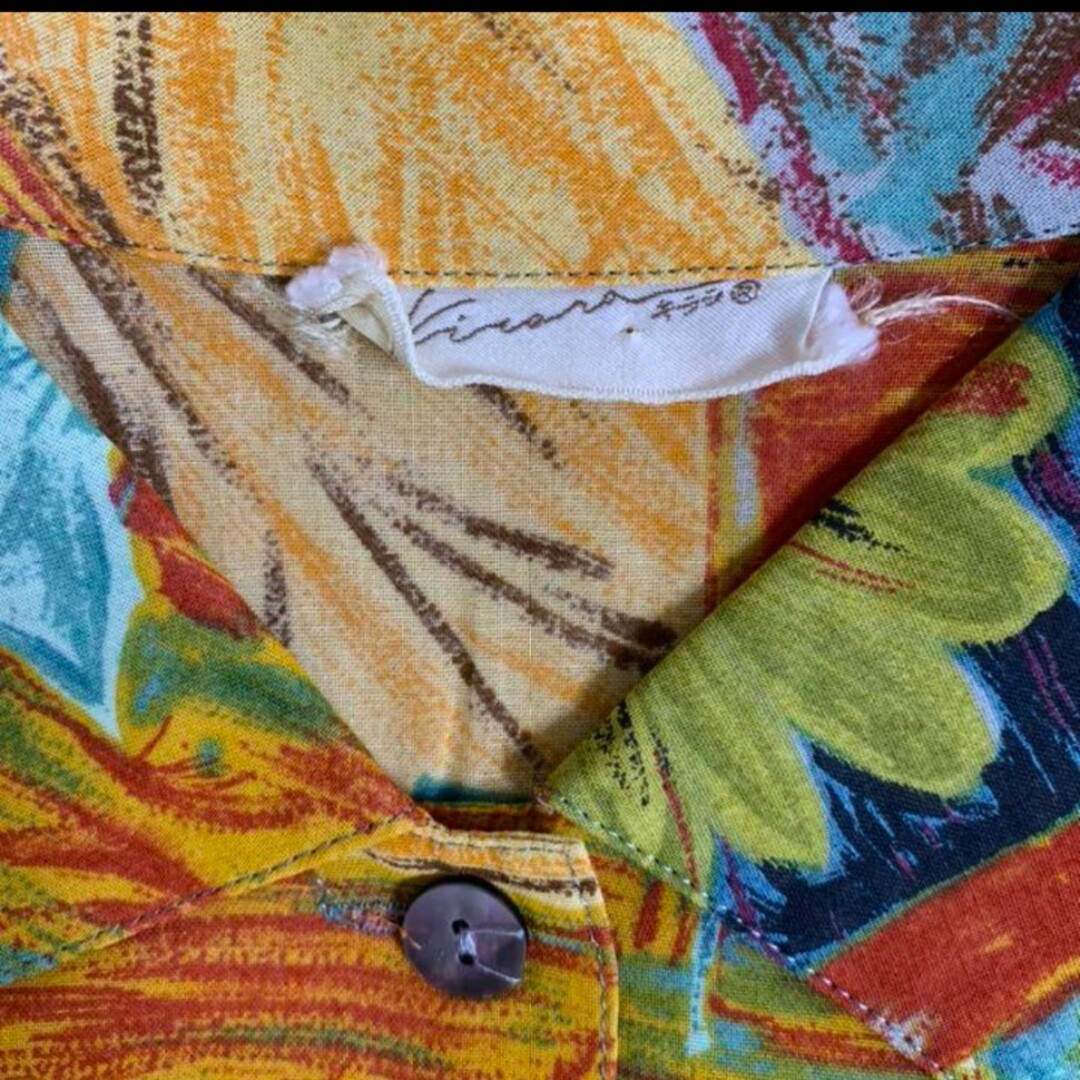 古着 アロハ シャツ 半袖 総柄 花柄 ひまわり オレンジ 黄色 グレー 緑 レディースのトップス(シャツ/ブラウス(半袖/袖なし))の商品写真