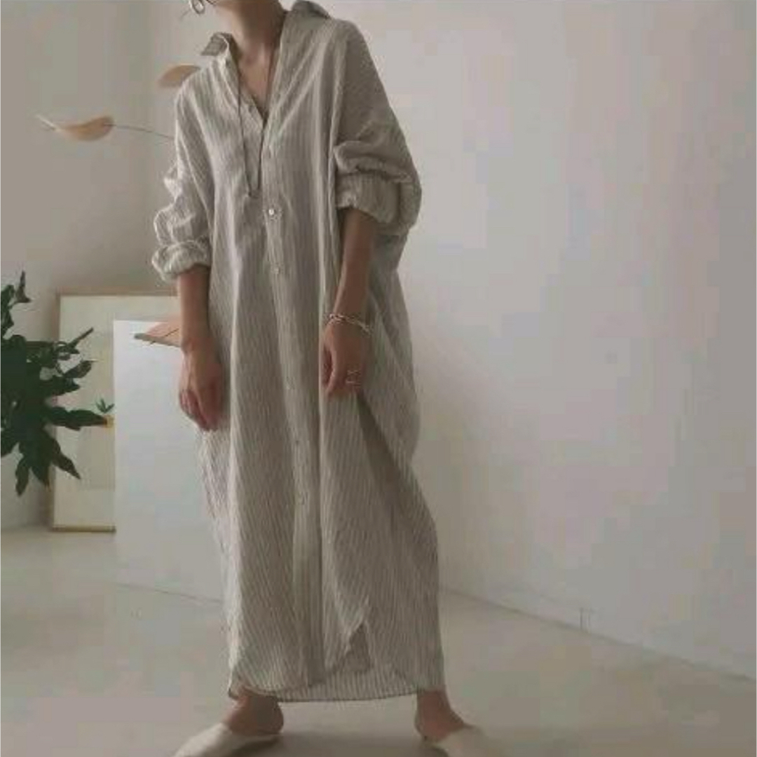 ARGUE(アギュー)のargue STRIPE LINEN SOLODITY SHIRT DRESS レディースのワンピース(ロングワンピース/マキシワンピース)の商品写真