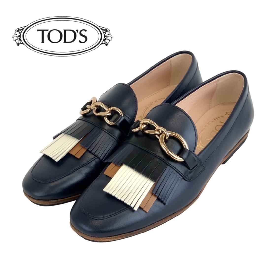 トッズ TODS ローファー フラットシューズ レザー フリンジ チェーン ネイビー レディースの靴/シューズ(ローファー/革靴)の商品写真