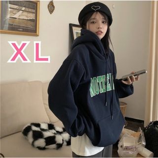 【新品】ロゴ パーカー XL ネイビー 長袖 レディース 韓国 オルチャン(トレーナー/スウェット)