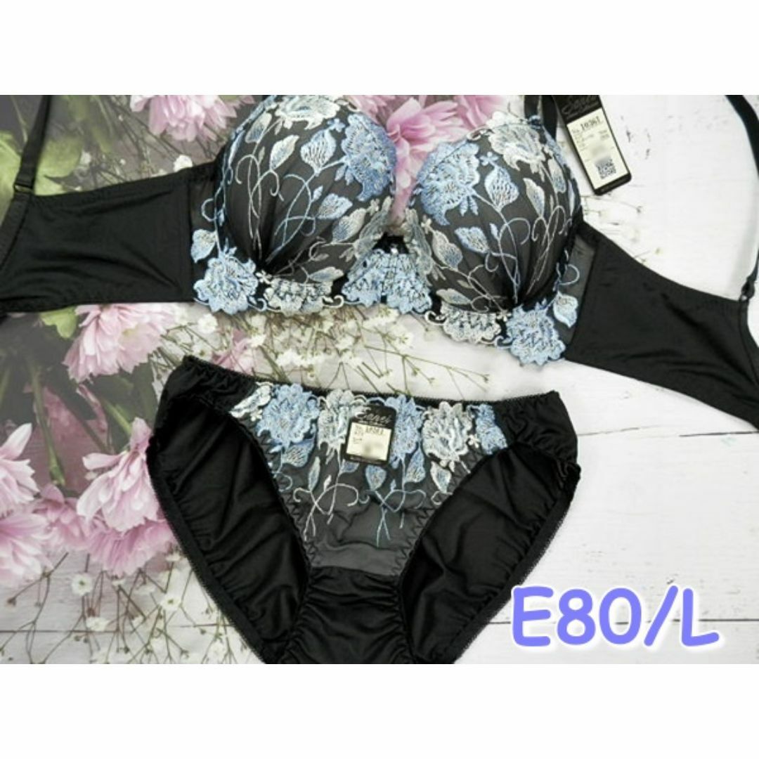164★E80 L★脇高ブラショーツセット エレガントローズ刺繍 黒 レディースの下着/アンダーウェア(ブラ&ショーツセット)の商品写真