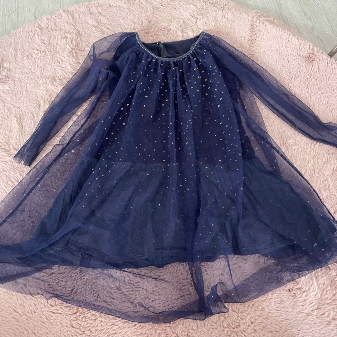 韓国　レース　ワンピース　ハート柄　ネイビー　110から130cm キッズ/ベビー/マタニティのキッズ服女の子用(90cm~)(ワンピース)の商品写真