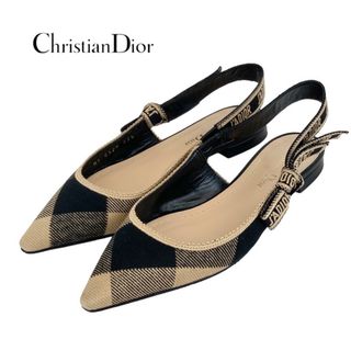 クリスチャンディオール(Christian Dior)のクリスチャンディオール CHRISTIAN DIOR JADIOR パンプス 靴 シューズ ファブリック ベージュ ブラック サンダル フラット チェック スリングバック(ハイヒール/パンプス)