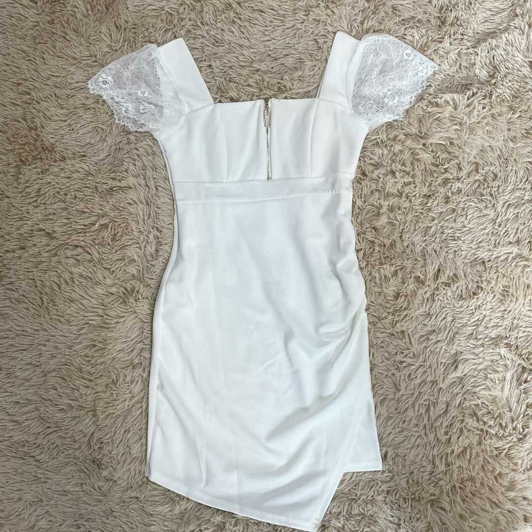 Lサイズ ミニワンピース 胸元ジッパー セクシー ドレス ホワイト G576 レディースのワンピース(ミニワンピース)の商品写真