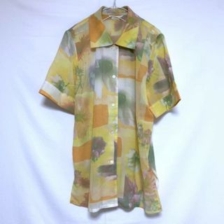 古着 半袖 アロハ 総柄 シャツ ブラウス 花 コスモス 黄色 オレンジ ピンク(Tシャツ(半袖/袖なし))