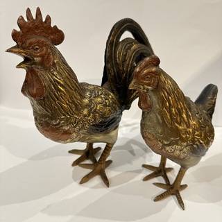 【古物】秀山　銅製　彫刻　鶏雄雌置物(彫刻/オブジェ)