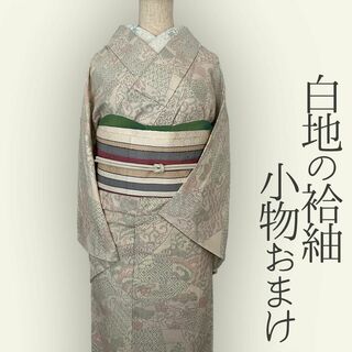 着物 小物おまけ付き 袷 紬 正絹 白地 きもの カジュアル着物(着物)