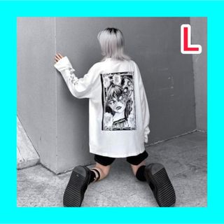 レディース Tシャツ バックプリント 白 L 長袖 ゆったり ヒップホップ(Tシャツ(長袖/七分))