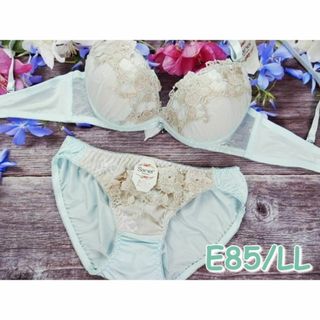 184★E85 LL★ブラショーツセット ケミカル刺繍 水色(ブラ&ショーツセット)