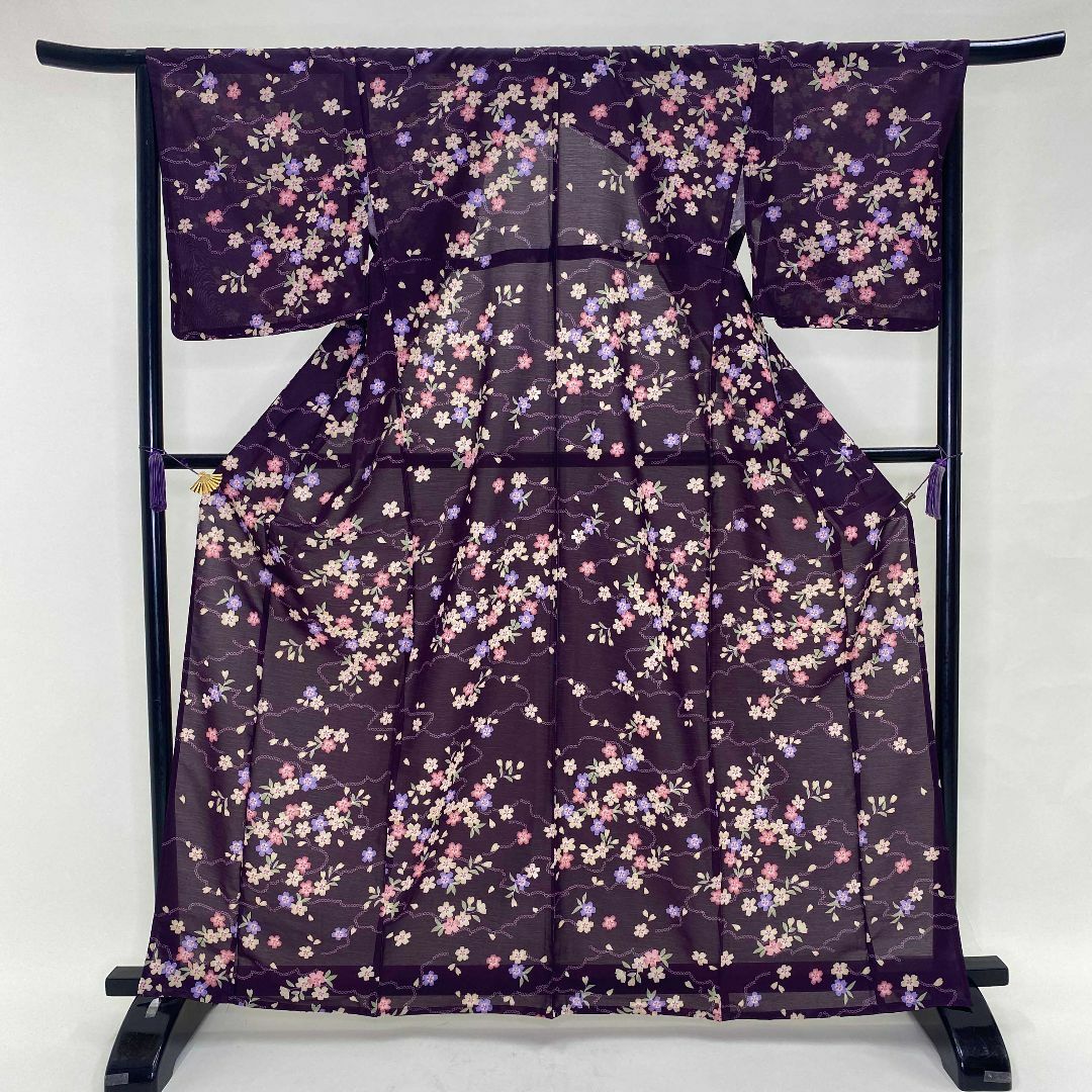 夏小紋 紗 夏用 小紋 ポリエステル 紫 花柄 新品 Lサイズ p-3 レディースの水着/浴衣(着物)の商品写真