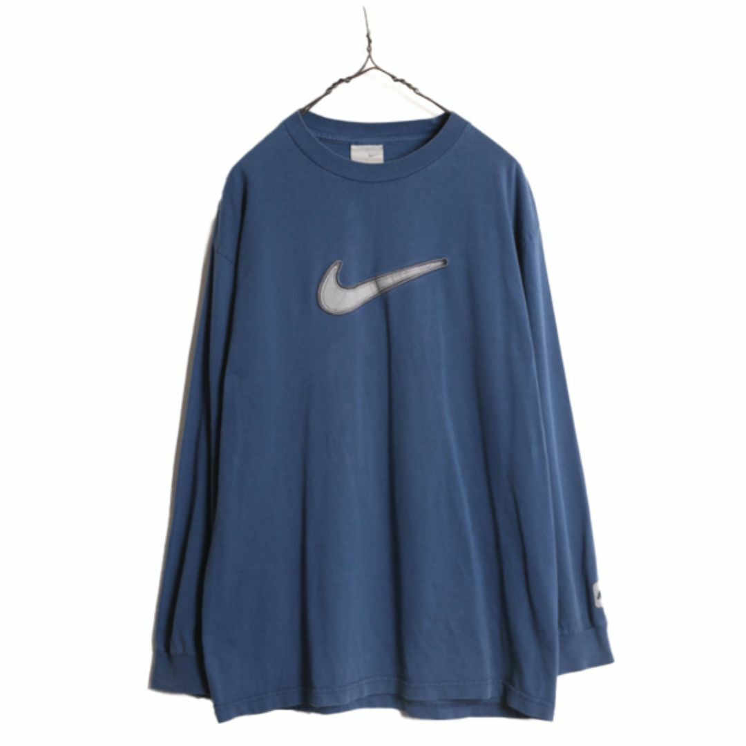 NIKE(ナイキ)の00s ナイキ スウォッシュ 刺繍 長袖 Tシャツ メンズ L 古着 00年代 オールド NIKE ビッグ ロゴ ロンT クルーネック ブルー ヘビーウェイト メンズのトップス(Tシャツ/カットソー(七分/長袖))の商品写真