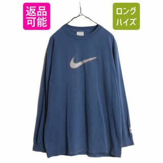 ナイキ(NIKE)の00s ナイキ スウォッシュ 刺繍 長袖 Tシャツ メンズ L 古着 00年代 オールド NIKE ビッグ ロゴ ロンT クルーネック ブルー ヘビーウェイト(Tシャツ/カットソー(七分/長袖))