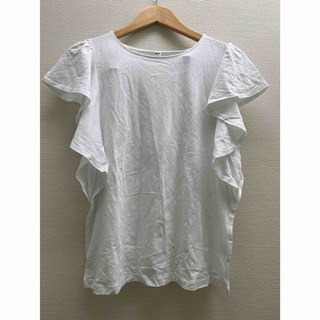 ユニクロ(UNIQLO)のユニクロ　フリルスリーブT ホワイト　L 241-192305(Tシャツ/カットソー(半袖/袖なし))