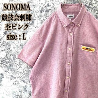 ソノマ(sonoma)のIT39US古着ソノマ競技会スパークス・ア・ラマ刺繍ワッペンさくら色リネンシャツ(Tシャツ/カットソー(半袖/袖なし))