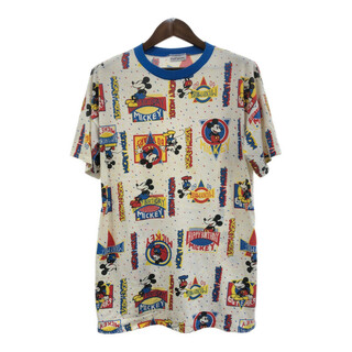 ディズニー(Disney)の90年代 Disney ディズニー NIGHT MOVES 総柄 ミッキーマウス 半袖Ｔシャツ キャラクター ホワイト (メンズ L相当) 中古 古着 Q6499(Tシャツ/カットソー(半袖/袖なし))