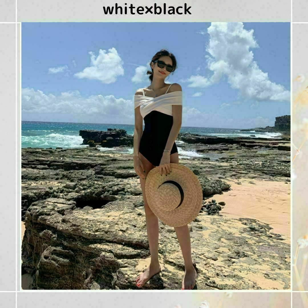 【夏限定価格】水着　レディース　かわいい　ホワイト/ブラック　肩見え　セクシー レディースの水着/浴衣(水着)の商品写真