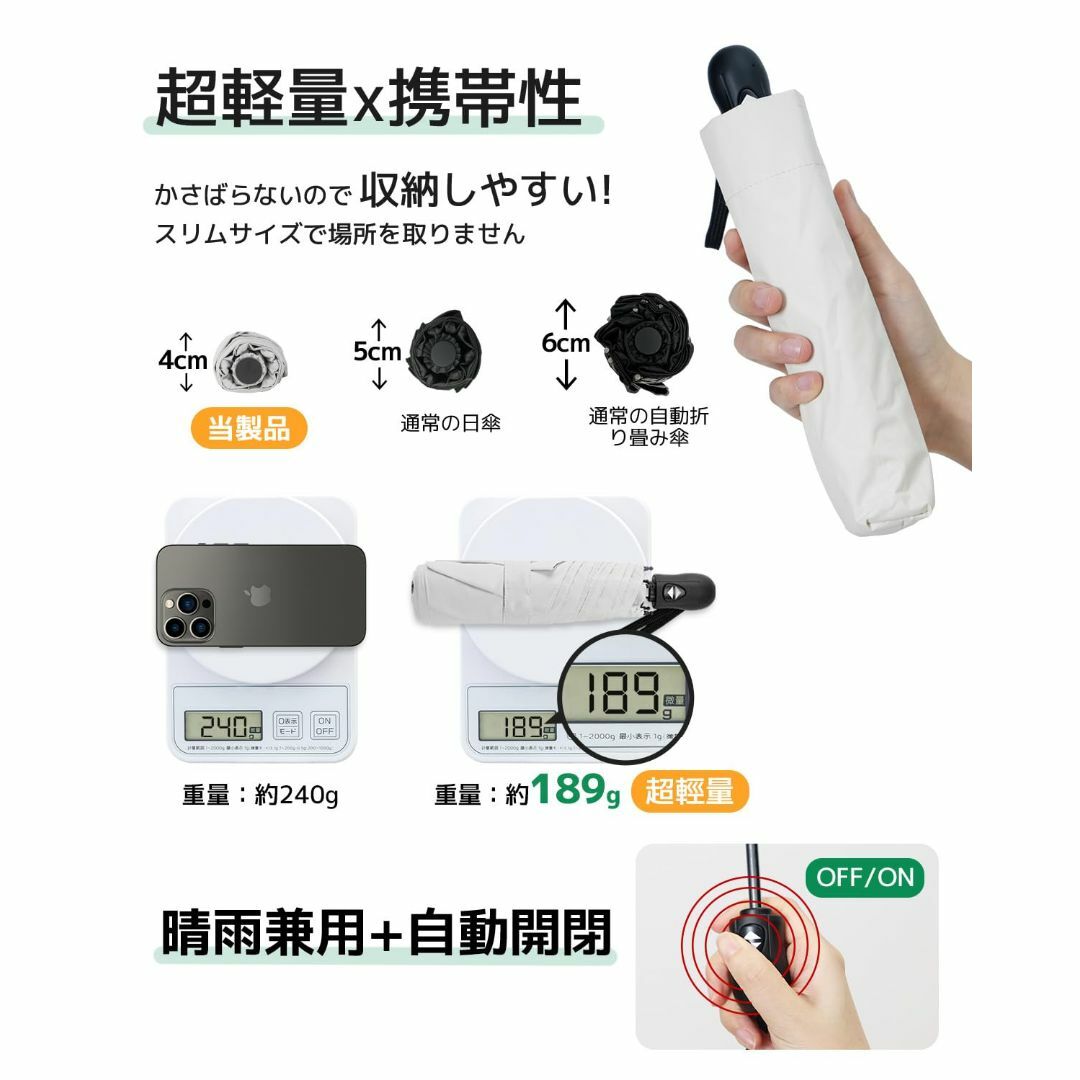 【色: ホワイト】日傘 超軽量 189g-199g UVカット率 100% 完全 レディースのファッション小物(その他)の商品写真