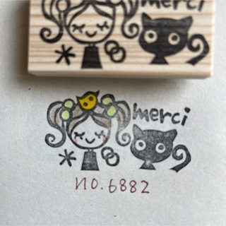 スタンプ　No. 6882 merciツインテールの女の子と黒猫と小鳥(はんこ)
