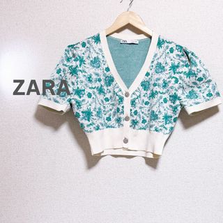 ザラ(ZARA)のZARA ザラ　カーディガン　花柄　ショート　レディース　パフスリーブ　グリーン(カーディガン)