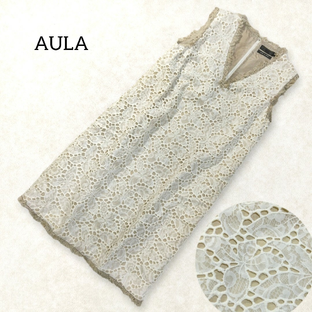 AULA(アウラ)のAULA ✿ アウラ レース ワンピース ノースリーブ ホワイト 個性的 花柄 レディースのワンピース(ひざ丈ワンピース)の商品写真