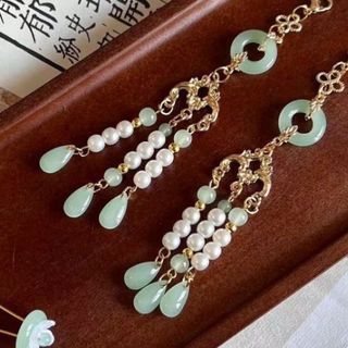 真珠流蘇瑠璃環綠墜 白緑金色ピアス　中華風　縁起物　成人式　着物和服漢服　新中式