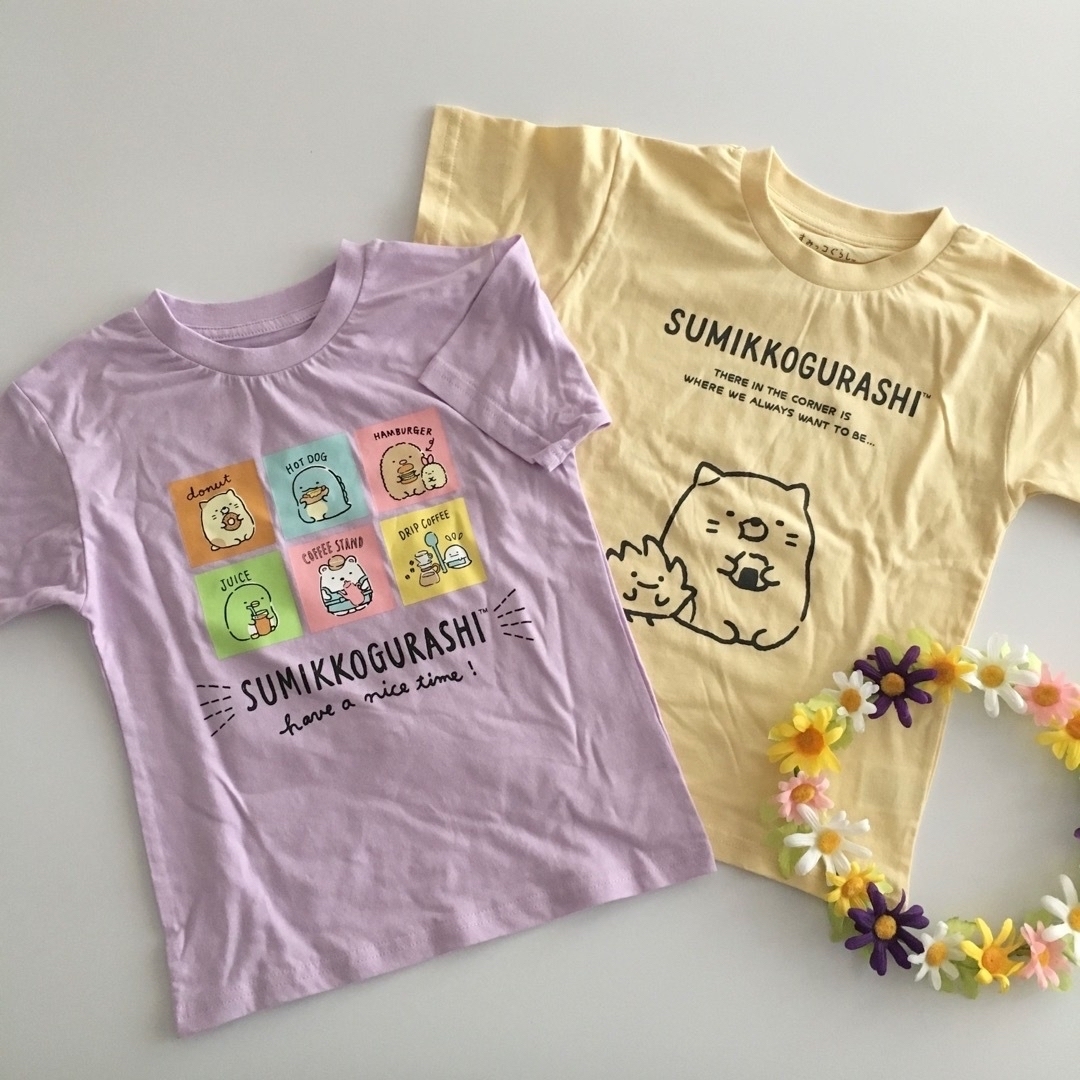 サンエックス(サンエックス)の新品♡すみっコぐらし♡Tシャツ♡2枚セット♡紫♡半袖♡黄色♡サンリオ♡ キッズ/ベビー/マタニティのキッズ服女の子用(90cm~)(Tシャツ/カットソー)の商品写真