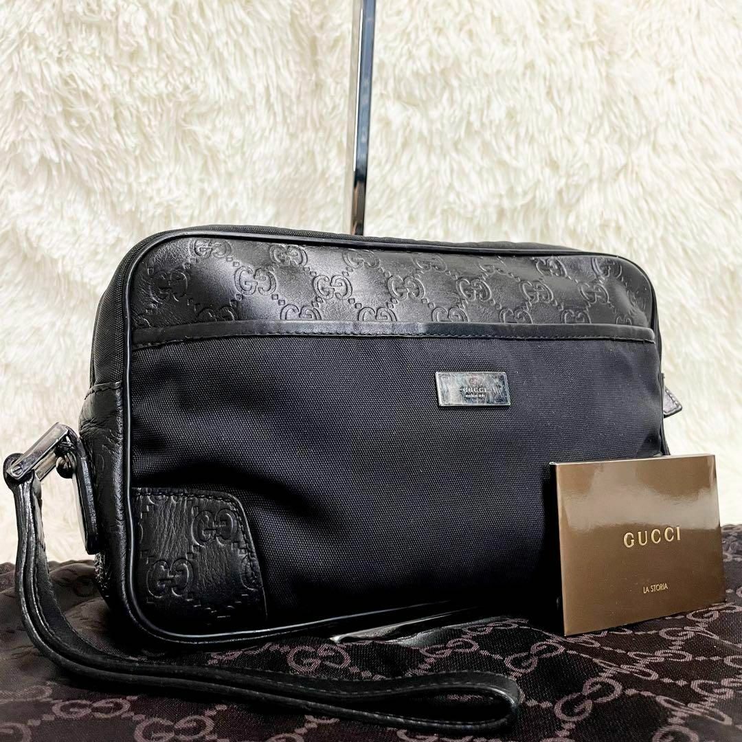 Gucci(グッチ)の極美品　グッチ　クラッチバッグ　シマ　セカンドバッグ　レザー　GG柄　ブラック メンズのバッグ(セカンドバッグ/クラッチバッグ)の商品写真