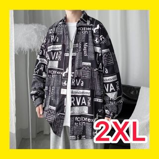 メンズ　柄シャツ　ロング　トップス　新聞風　オーバーサイズ　ブラック　黒　2XL(シャツ)