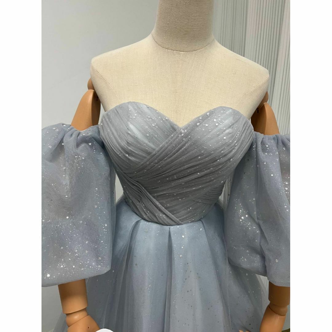 カラードレス ブルーグレー ベアトップ ソフトチュール 取り外しふわふわ袖 前撮 レディースのフォーマル/ドレス(ウェディングドレス)の商品写真
