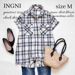 INGNI - ◆美品◆INGNI◆大きいサイズ感◆チェックシャツチュニック◆白黒◆長め◆M
