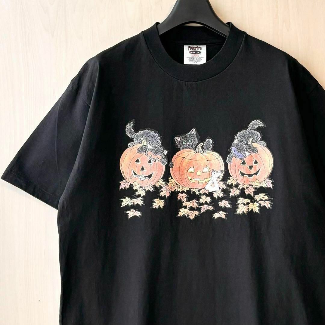 VINTAGE(ヴィンテージ)の90s古着　ヴィンテージ　オニータ　Tシャツ　3匹の子猫とカボチャ　可愛い黒ネコ メンズのトップス(Tシャツ/カットソー(半袖/袖なし))の商品写真