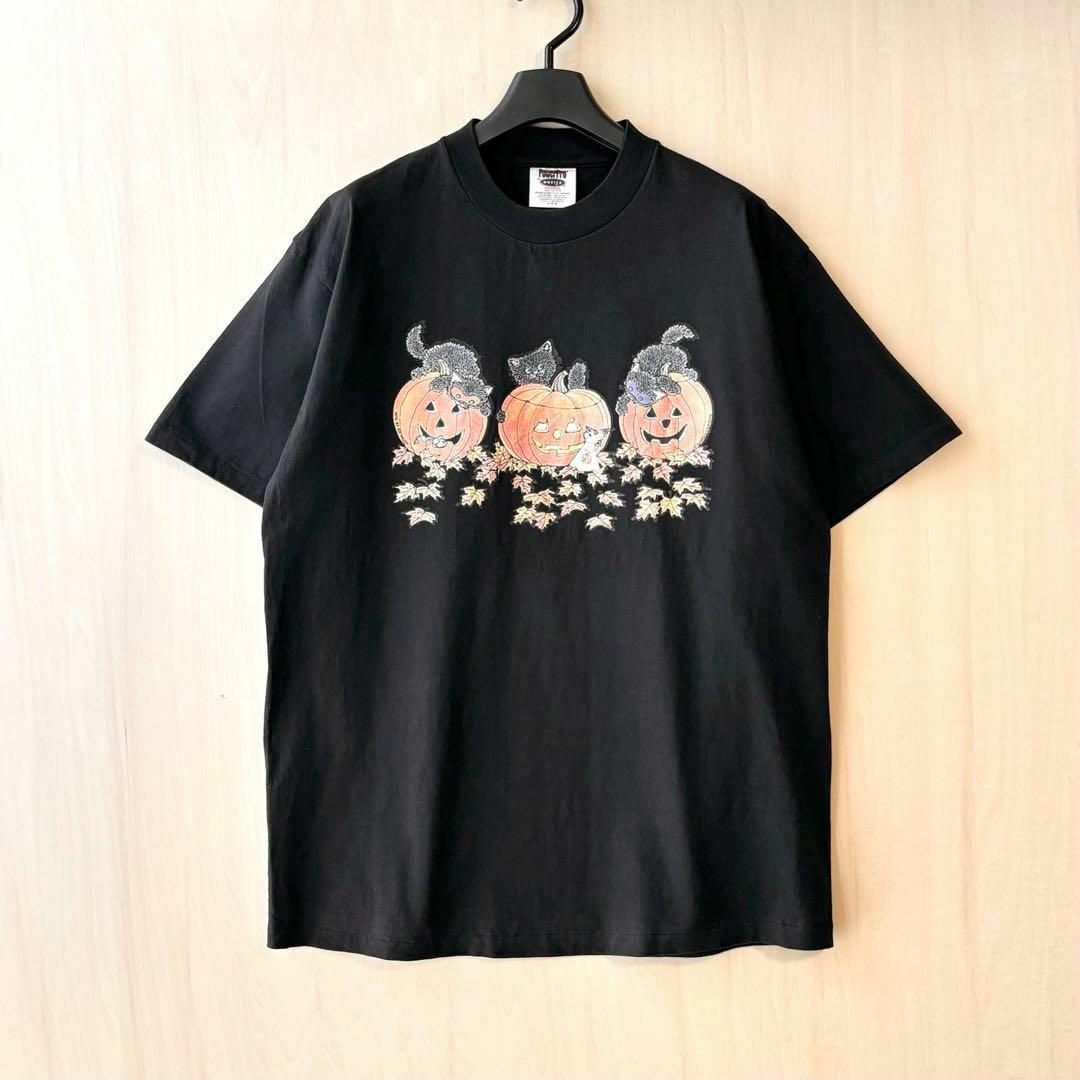 VINTAGE(ヴィンテージ)の90s古着　ヴィンテージ　オニータ　Tシャツ　3匹の子猫とカボチャ　可愛い黒ネコ メンズのトップス(Tシャツ/カットソー(半袖/袖なし))の商品写真