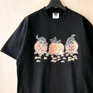 ヴィンテージ(VINTAGE)の90s古着　ヴィンテージ　オニータ　Tシャツ　3匹の子猫とカボチャ　可愛い黒ネコ(Tシャツ/カットソー(半袖/袖なし))