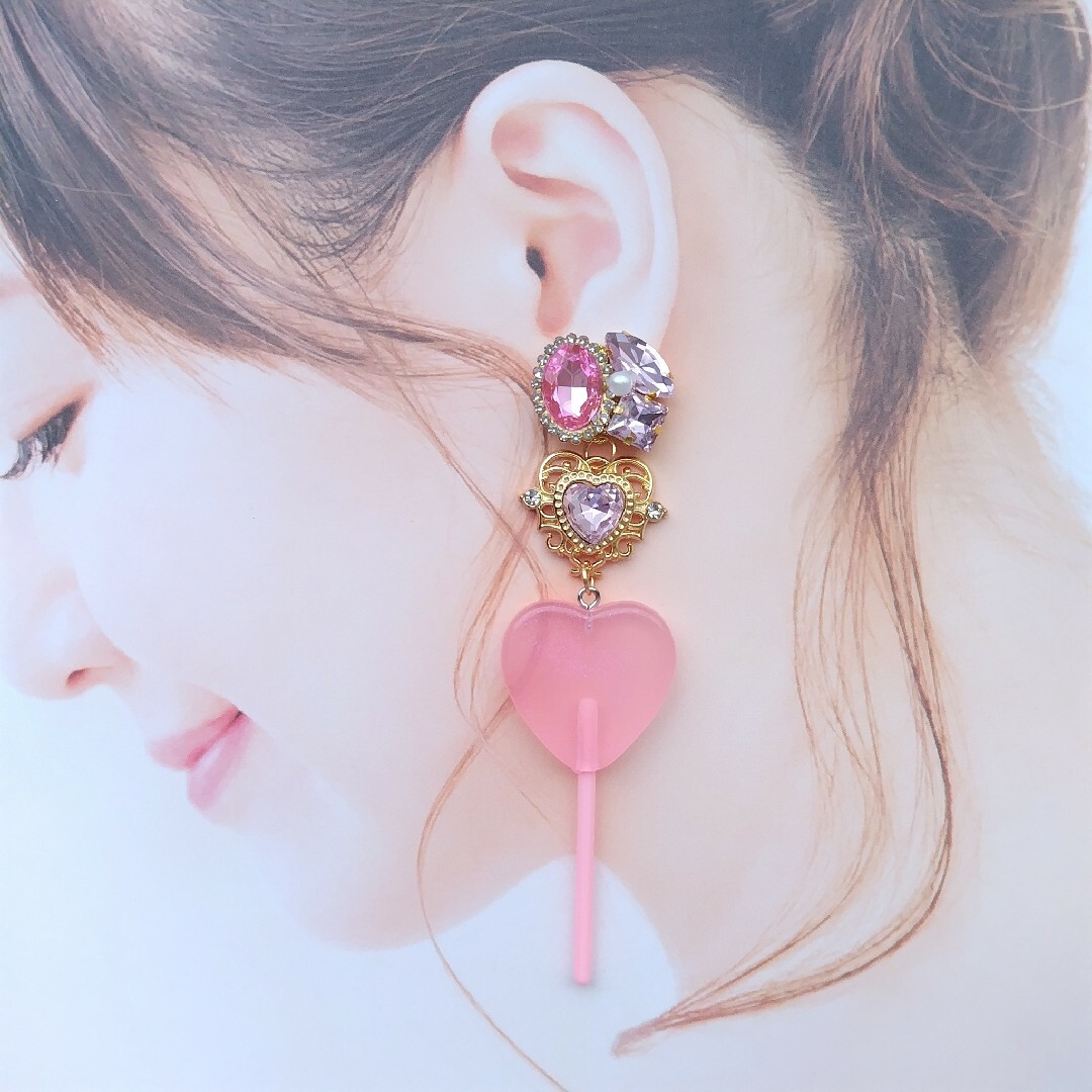 可愛いハートロリポップ❤️キラキラ姫ハートのビジューピアス【ピンク】 ハンドメイドのアクセサリー(ピアス)の商品写真