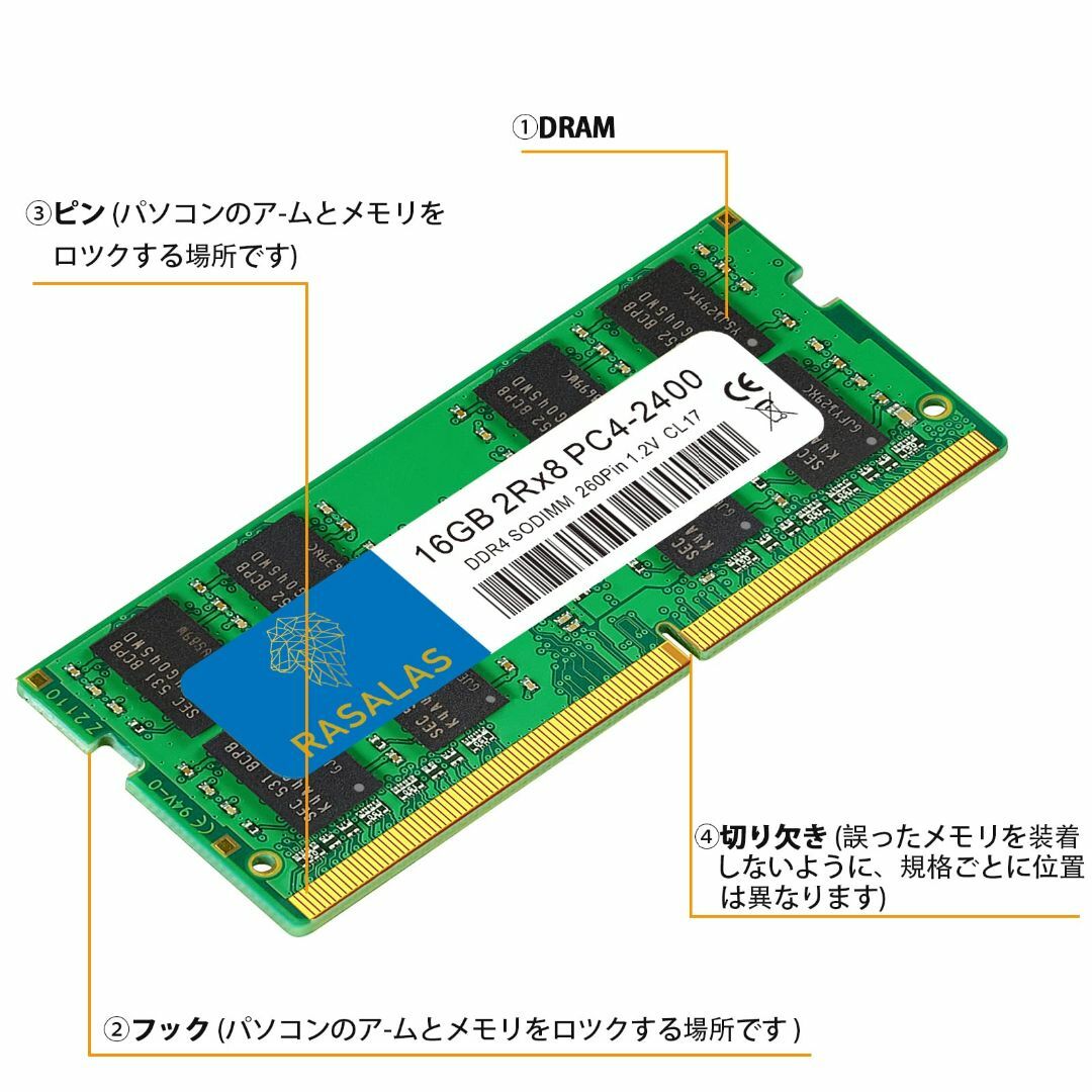 ノートPC用メモリ16GB DDR4-2400 PC4-19200 260Pin スマホ/家電/カメラのPC/タブレット(PCパーツ)の商品写真