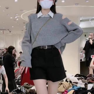 【売れ筋商品】トップス　グレー　セクシー　ギャル　韓国風　シンプル　個性　灰色(ニット/セーター)