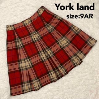 【美品】York land タータンチェック 膝丈スカート 9号 平成レトロ 赤