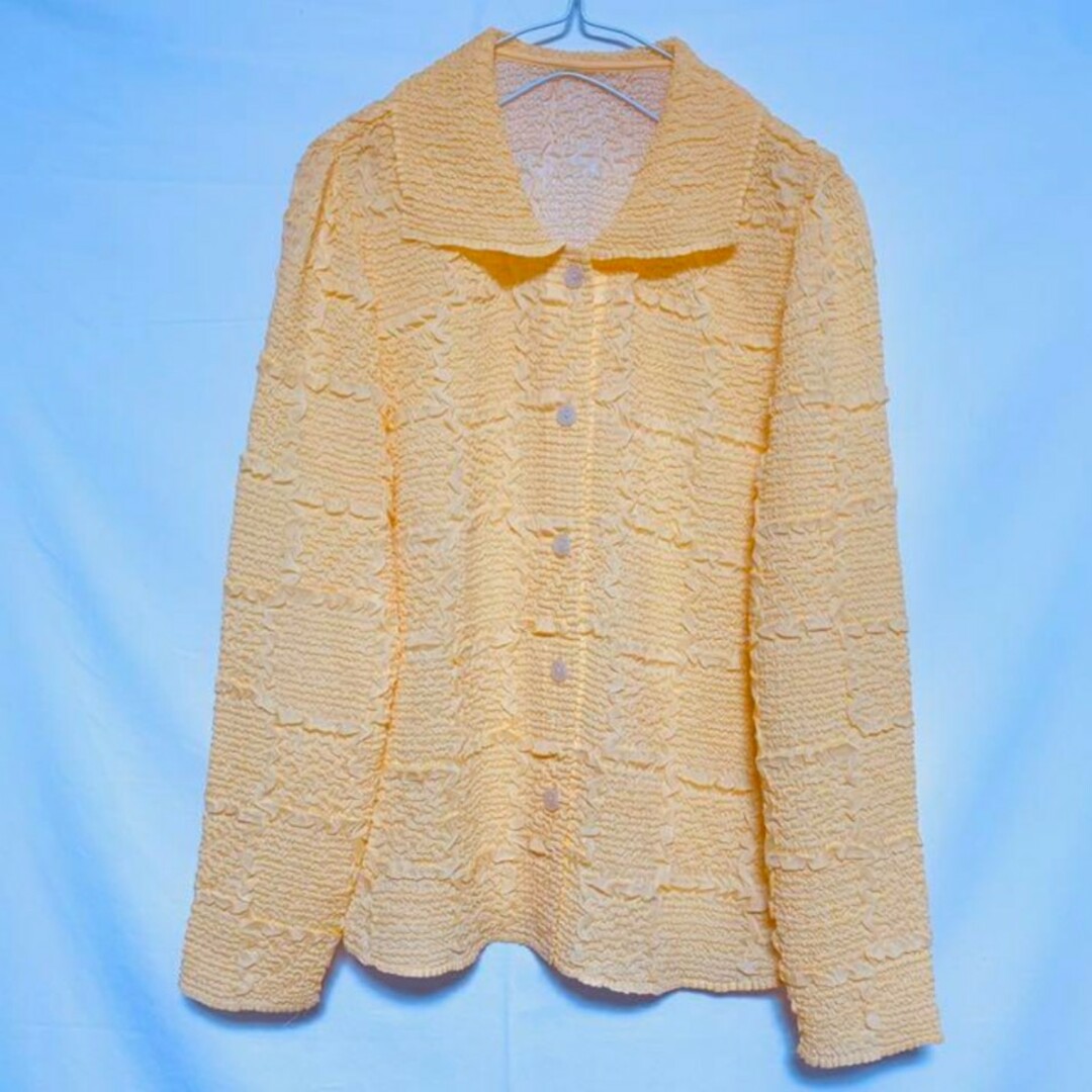 古着 長袖 無地 ブラウス 羽織 黄色 イエロー たまご色 レディースのジャケット/アウター(その他)の商品写真