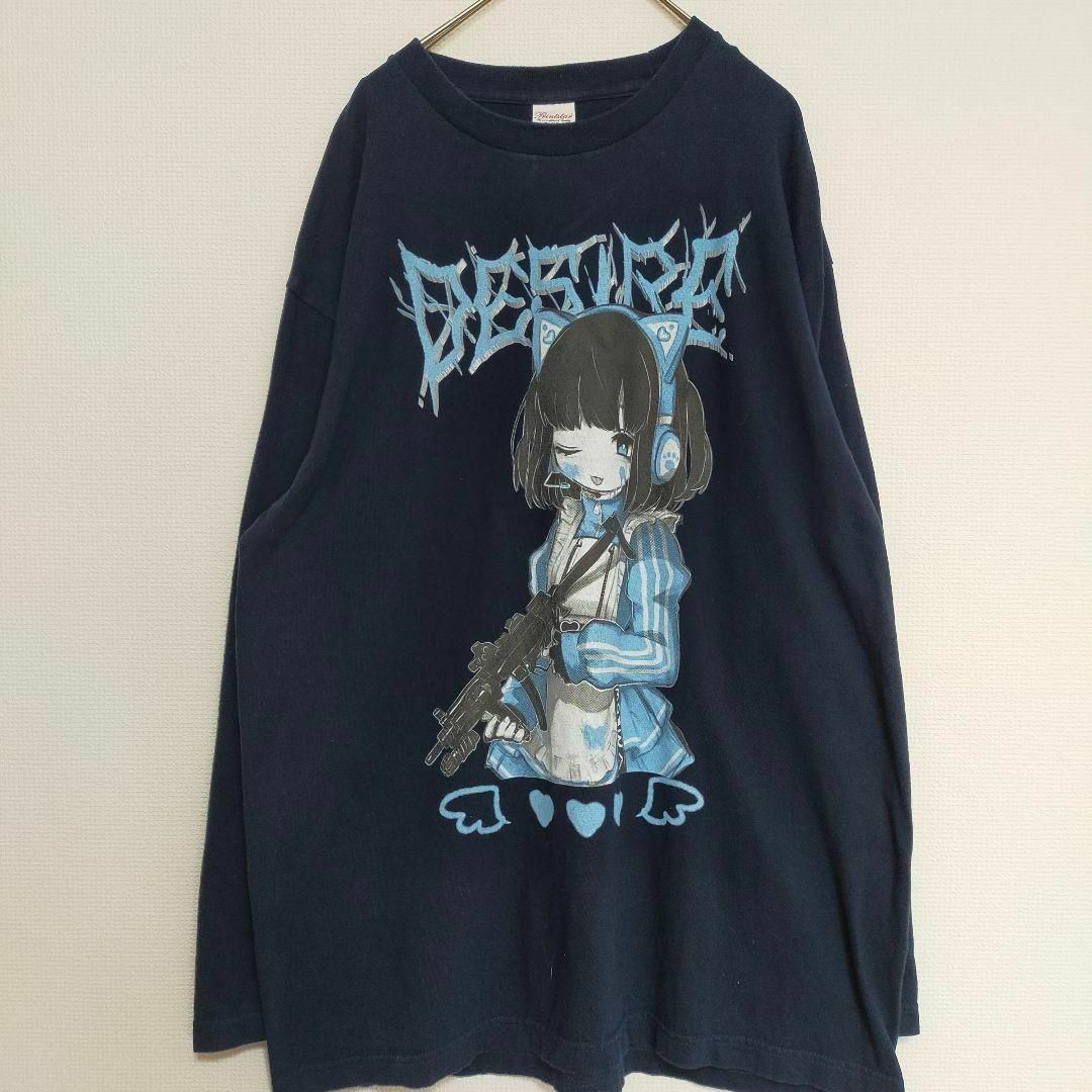 がんぎまりや サブカル 女の子 イラスト ネイビー 長袖 ロンT メンズ XL メンズのトップス(Tシャツ/カットソー(七分/長袖))の商品写真