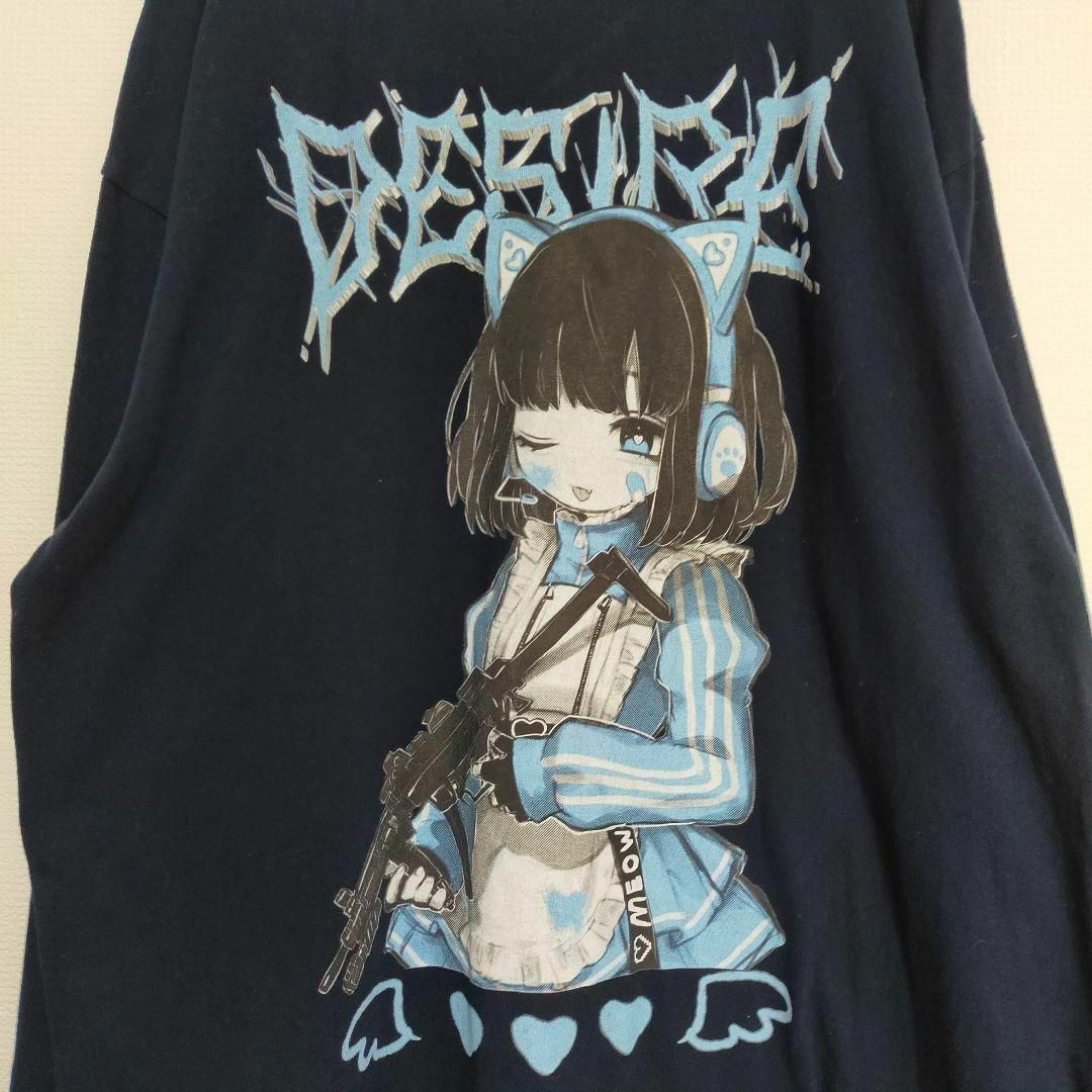 がんぎまりや サブカル 女の子 イラスト ネイビー 長袖 ロンT メンズ XL メンズのトップス(Tシャツ/カットソー(七分/長袖))の商品写真