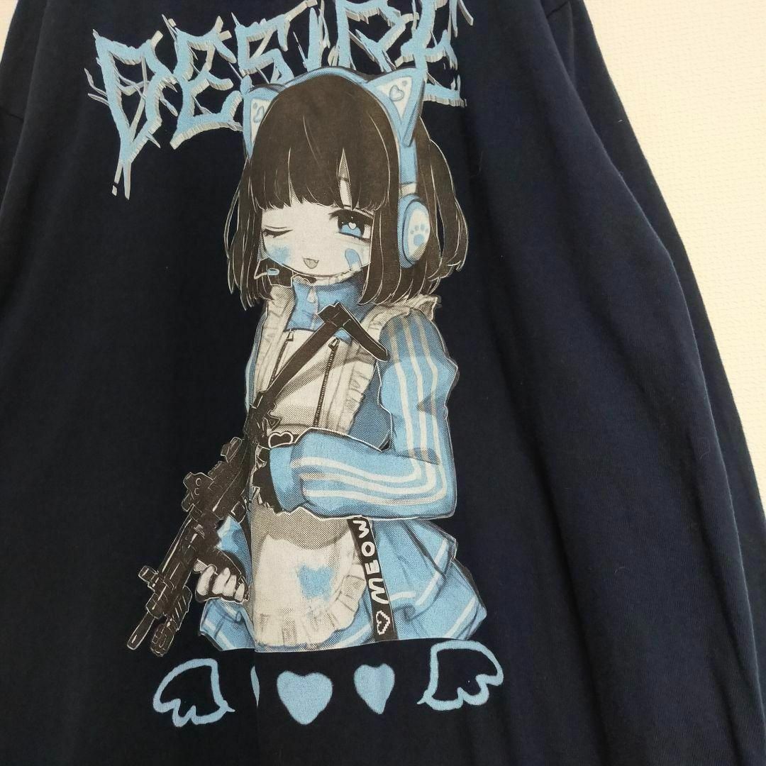 がんぎまりや サブカル 女の子 イラスト ネイビー 長袖 ロンT メンズ XL メンズのトップス(Tシャツ/カットソー(七分/長袖))の商品写真