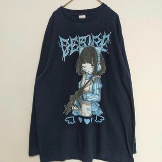 がんぎまりや サブカル 女の子 イラスト ネイビー 長袖 ロンT メンズ XL(Tシャツ/カットソー(七分/長袖))