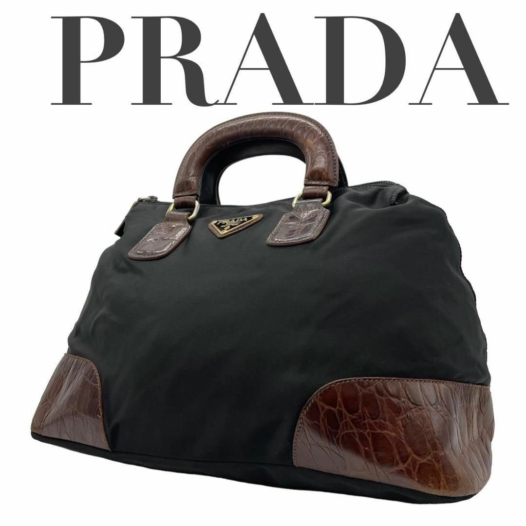 PRADA(プラダ)のPRADA プラダ　D5　ナイロン　クロコ型押し　レザー　ハンドバッグ　三角ロゴ レディースのバッグ(ハンドバッグ)の商品写真
