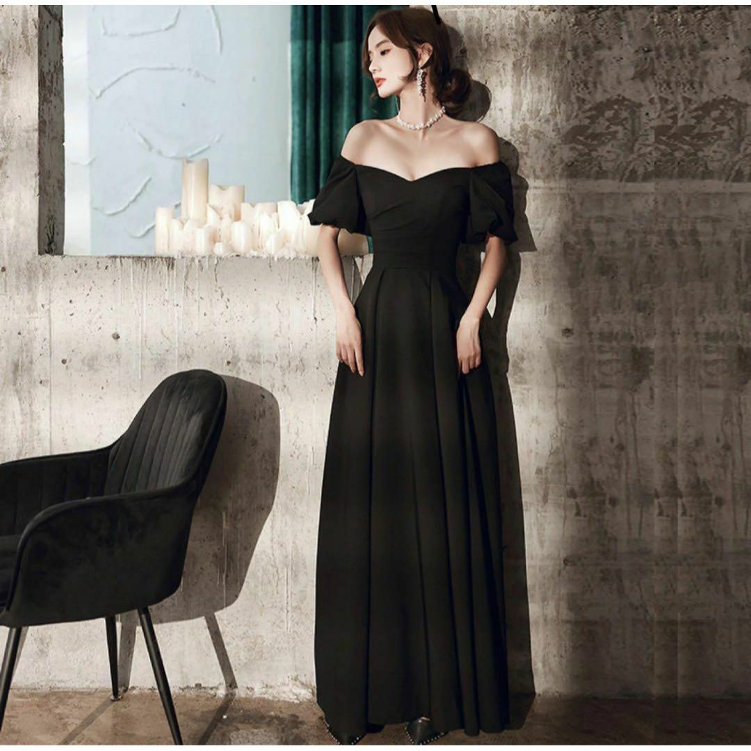 ⭐️オフショルダードレス  M ウェディング ブラック 上品　2way 二次会 レディースのフォーマル/ドレス(ロングドレス)の商品写真