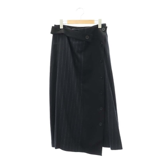 アドーア(ADORE)のアドーア ウールストライプスカート フレア ラップ ミモレ 38 M 紺 黒(ロングスカート)
