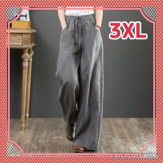 3XL ワイドパンツ カジュアルパンツ 綿 麻 体型カバー 大きいサイズ グレー(カジュアルパンツ)